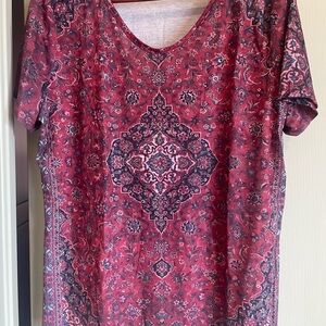 Red Patterned Women's Short Sleeved Top.  Size XL